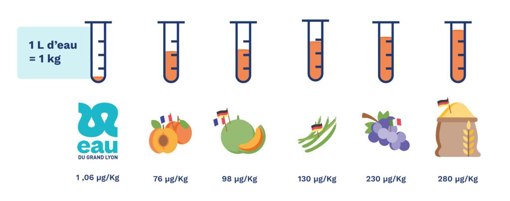 Quantité de TFA mesurée dans 1 litre d’eau, en comparaison avec 1 kg d’aliments végétaux - Eau du Grand Lyon