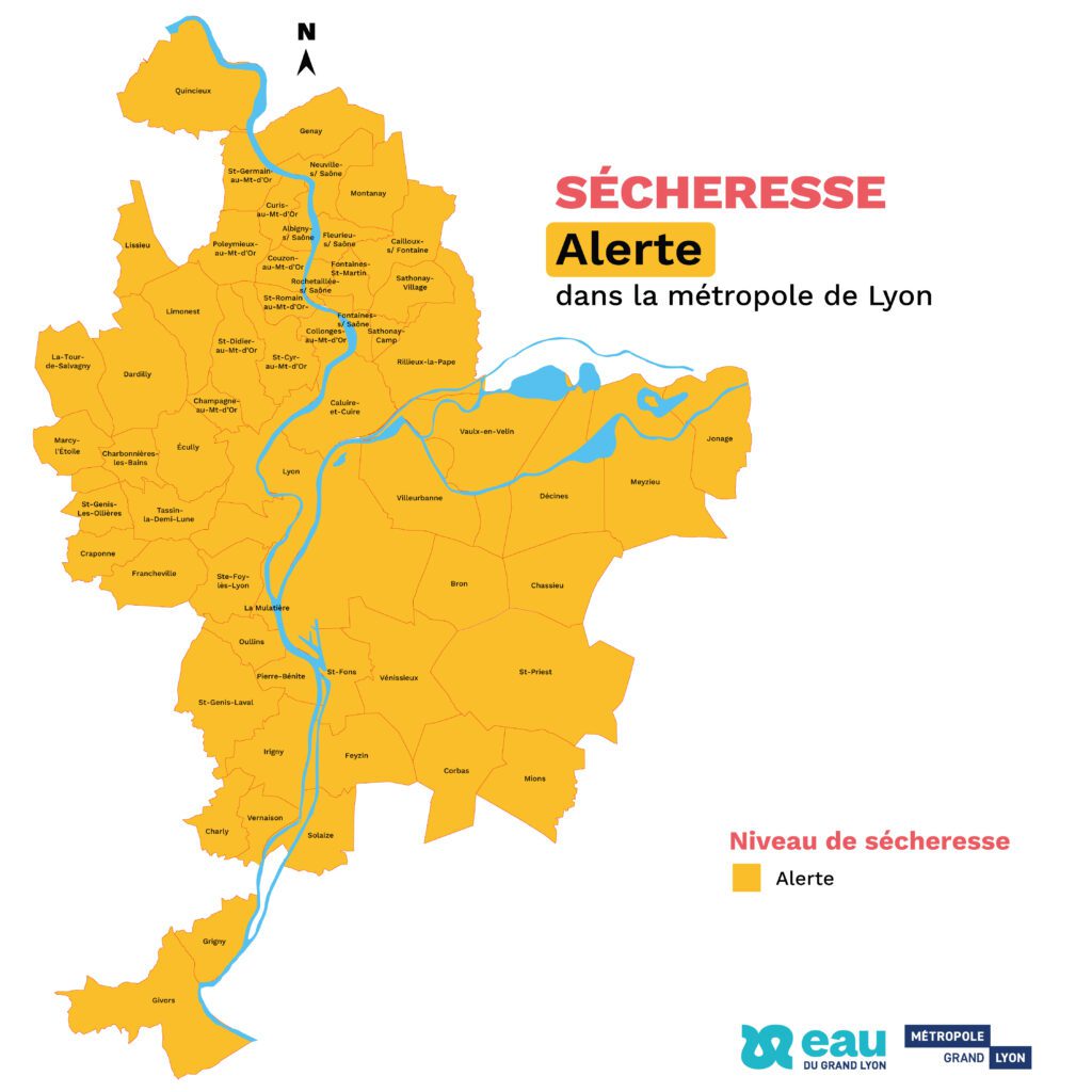 Carte des communes en ALERTE sécheresse au 18 août 2025 - Eau du Grand Lyon